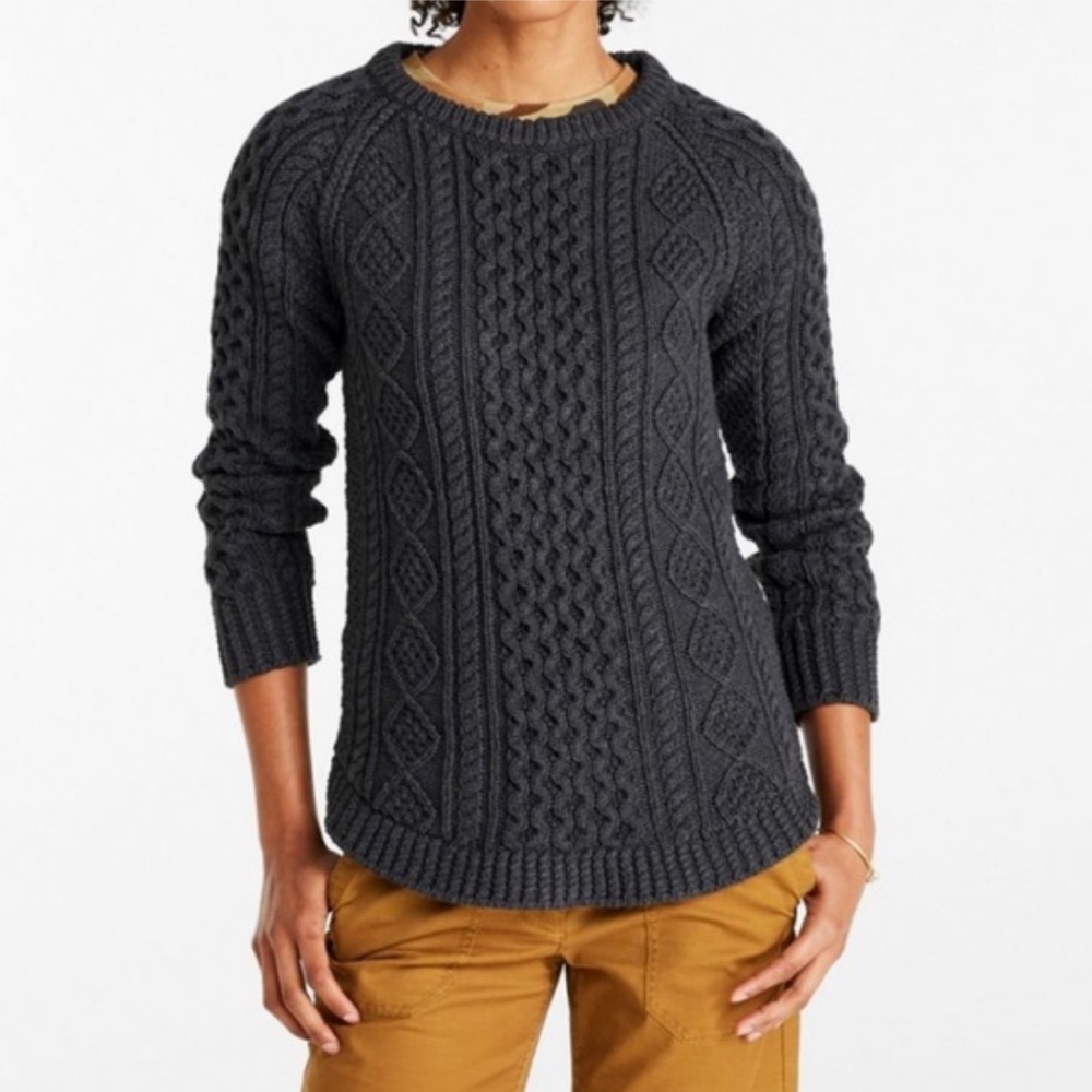 LL Bean Signature 100% Cotton Cable‎ Knit Sweater XS Black Crew Scoop Neck